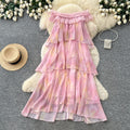 French riviera style pink ruffle cake dress - sleeveless off-the-shoulder a-line summer dress - stunning and unique design
