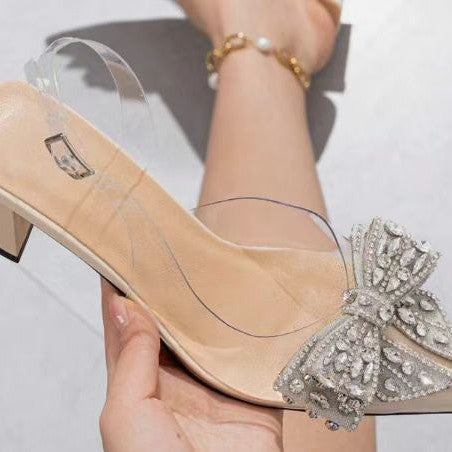 Low ankle cross-border sandals springnew arrival aliexpress sweetbows pointed toe transparent low heel rhinestone sandals