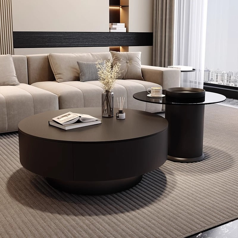 Black rock slab italian minimalist coffee table - modern simple living room home use, small to large round tea table, high-end designer style