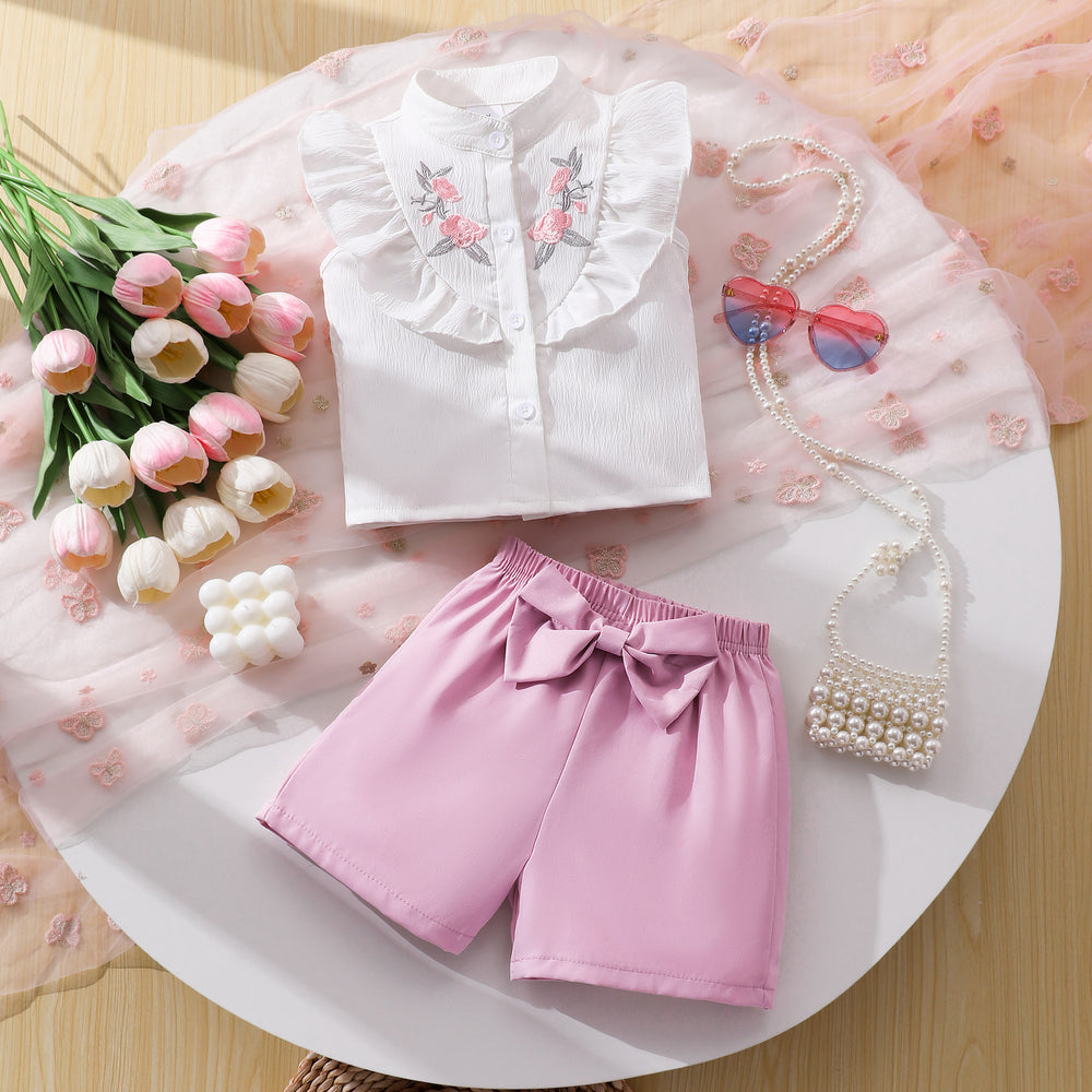 Girls' two-piece set: floral double-layer ruffle ribbed top + floral shorts, embroidered for young children