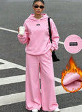 fashion  fall and winter new pink fleece-linedsuit sports knitting pullover shirt and wide-leg pants two pieces