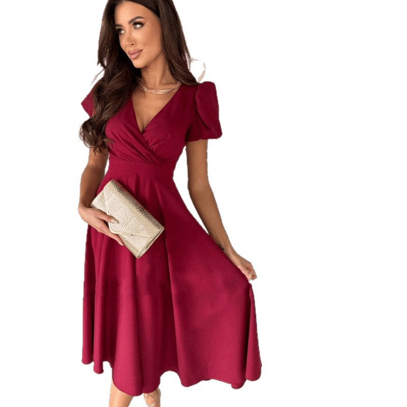 e-commerce   summer new arrival: solid color deep v-neck, cinched waist, puff sleeve, a-line maxi dress