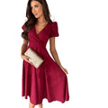 e-commerce   summer new arrival: solid color deep v-neck, cinched waist, puff sleeve, a-line maxi dress