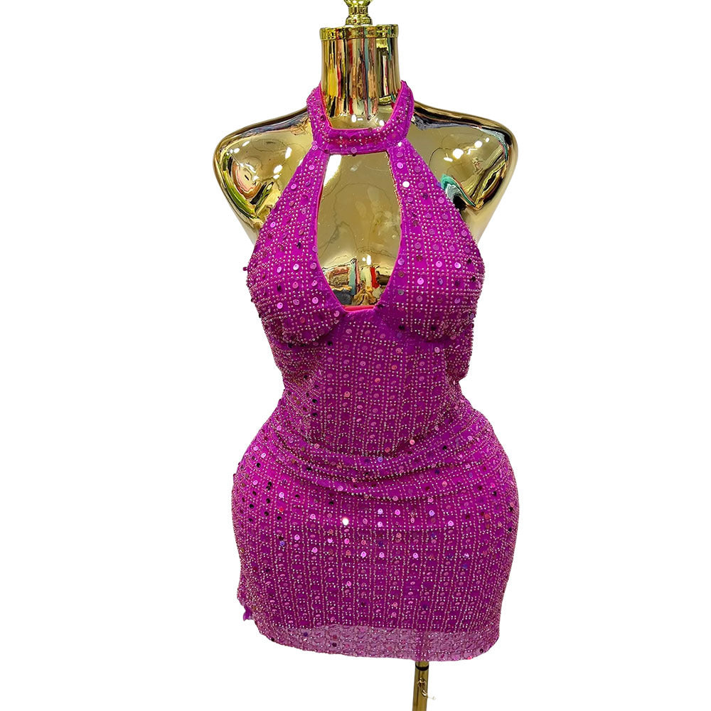 export women's fashion sexy european and american african heavy beading sequin halter deep v dress