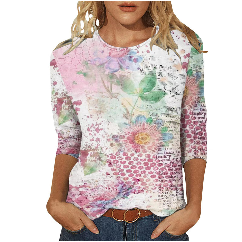 cross-border  women's casual printed crew neck 3/4 sleeve t-shirt top - in stock