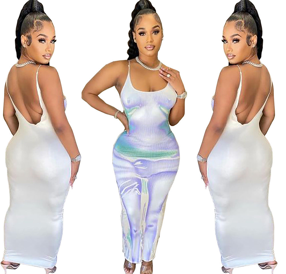 european and american cross-border women's fashion:  style sexy printed backless cami dress - women's maxi dress