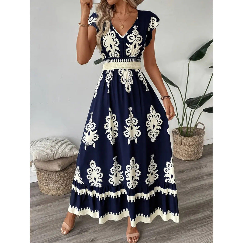 cross-border european and american style beach dress - vacation-inspired printed maxi dress - tiktok/ trend