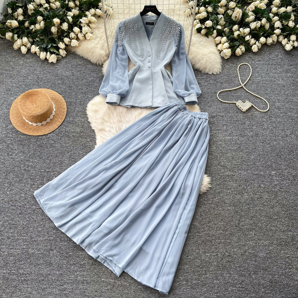 French chic v-neck embroidered jacket & high-waisted pleated skirt two-piece set - autumn , effortless luxury & elegant style