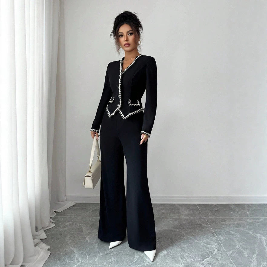 european and american new black chanel-style two-piece set: v-neck ribbon trimmed waist-cinching suit jumpsuit