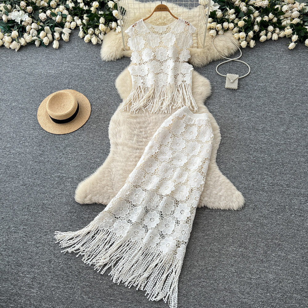 Retrolacecut outflowers tasseltwo-piece set women's summer pure desire sleeveless vest skirtelegantsuit