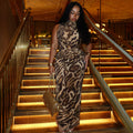 European and american style cross-border fashion leopard print women's streetwear versatile bodycon high neck sleeveless workwear maxi dress