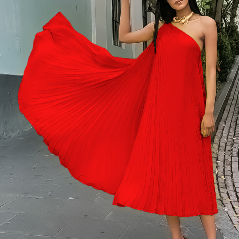 C8552  cross-border  elegant solid color ruched sleeveless asymmetrical neck maxi dress - export quality