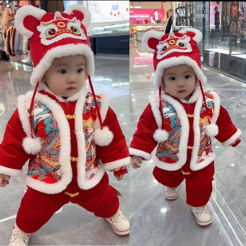Infant and toddler winter clothing, baby's new year's greetings outfit, winter one-piece red thickened outerwear, festive new year's greetings outing clothes