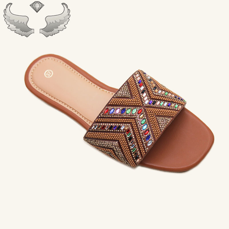 High-quality ladies slippers  ladies shoes fashion flash diamond flat sandals handmade shoes