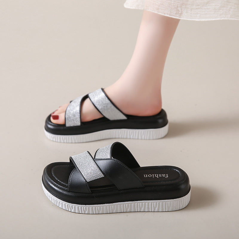 Trendy rhinestone sandals women's summer new thick sole height increasing flip flops beach high-end slippers