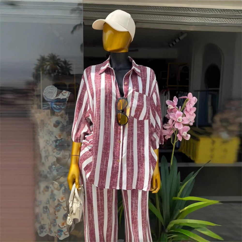 European and american cross-border women's fashion:  summer new collection - stylish turn-down collar loose striped shirt & high-waisted trousers casual set