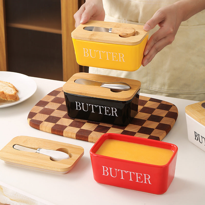 ceramic butter box with matcha knife rectangular for home cheese fresh-keeping sealed jar butter ceramic storage box