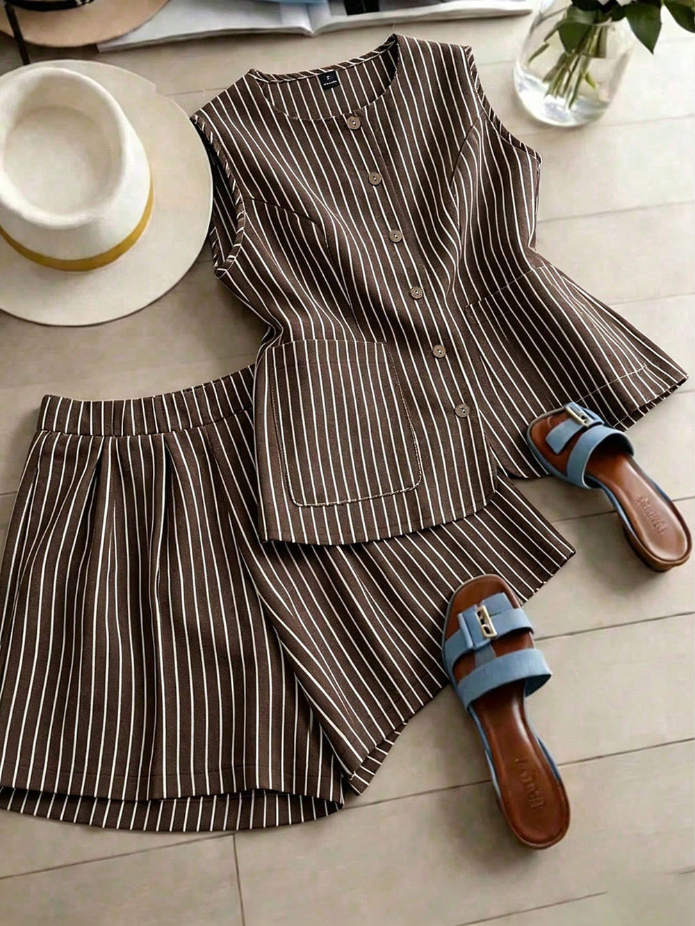 fashion  summer new striped sleeveless top + shorts set - commute & casual two-piece outfit