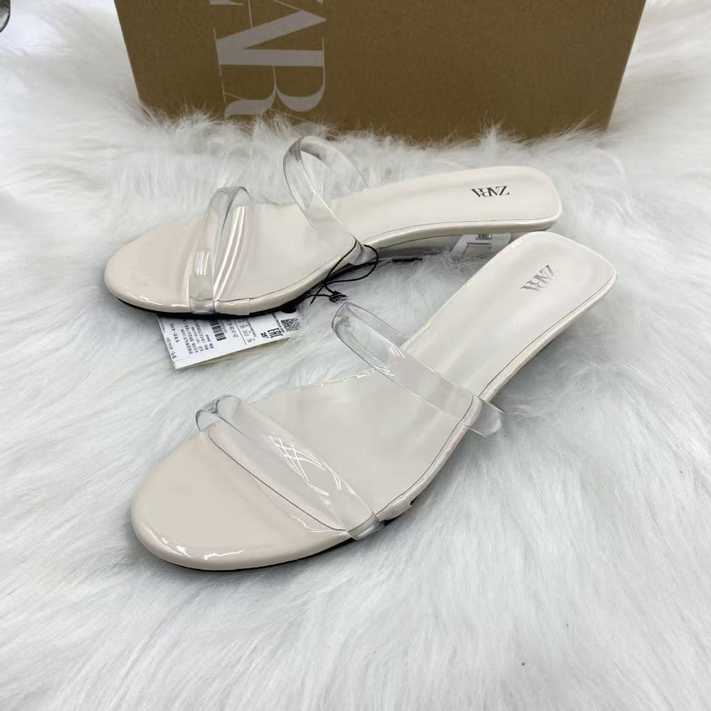 Za's 2025 autumn collection: fashionable clear glass glue transparent two-strap square-toe crystal high heels