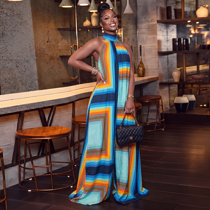 European and american style cross-border fashion women's summer color block print jumpsuit high neck sleeveless loose long romper