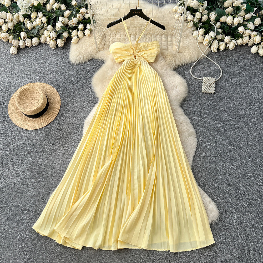 Vacation style haltercut out women's light blue dress women's summerpleated long skirt high waist waist slimming lookelegant skirt