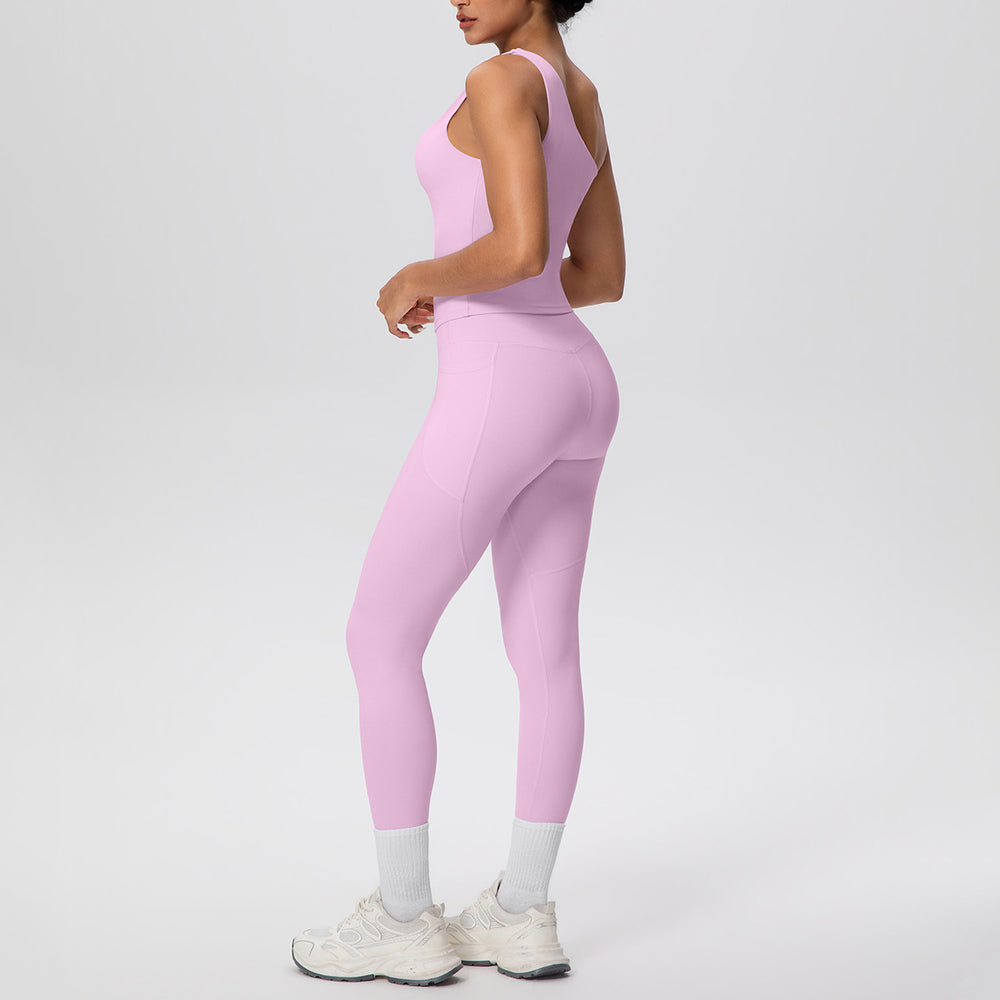 Sexy one-shoulder activewear set: high-waisted, figure-hugging leggings with pockets - perfect for outdoor leisure, running, fitness, and yoga
