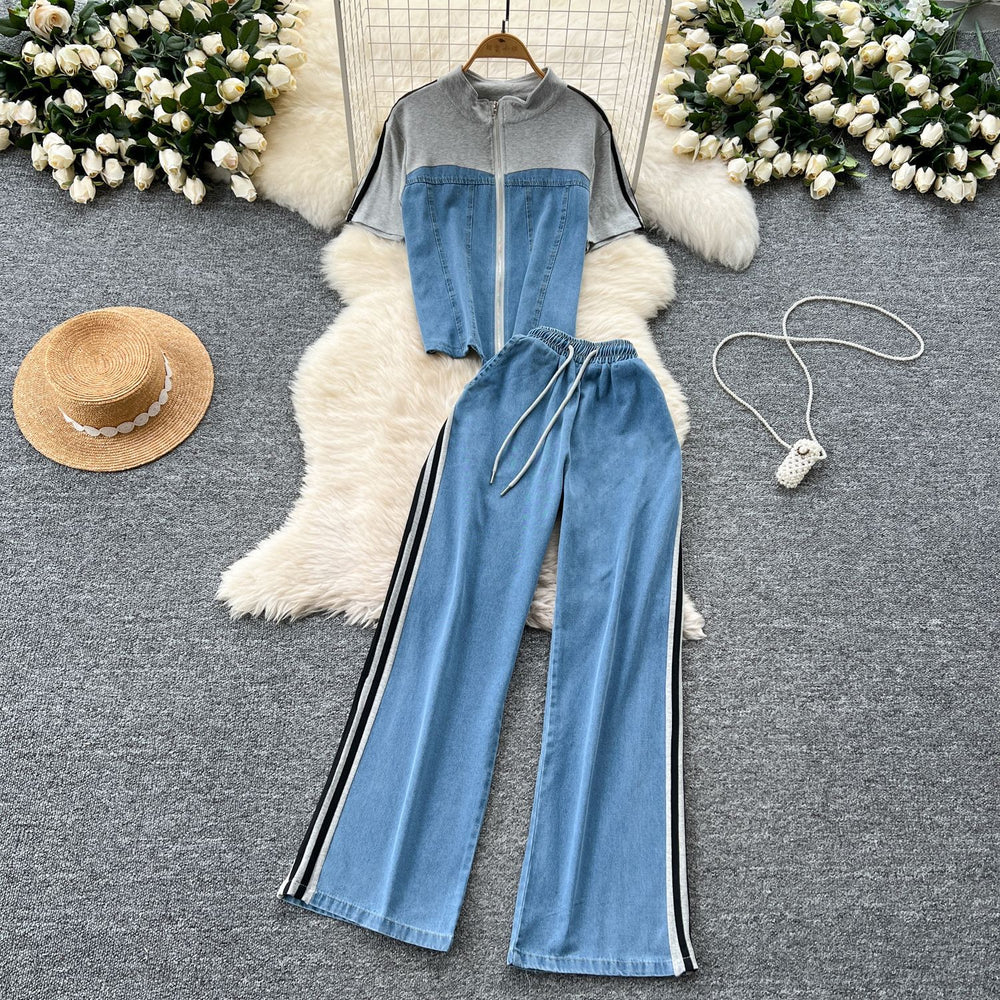 Women's two-piece tracksuit set: hong kong style retro casual faux two-piece short sleeve top with high-waisted patchwork denim wide-leg pants