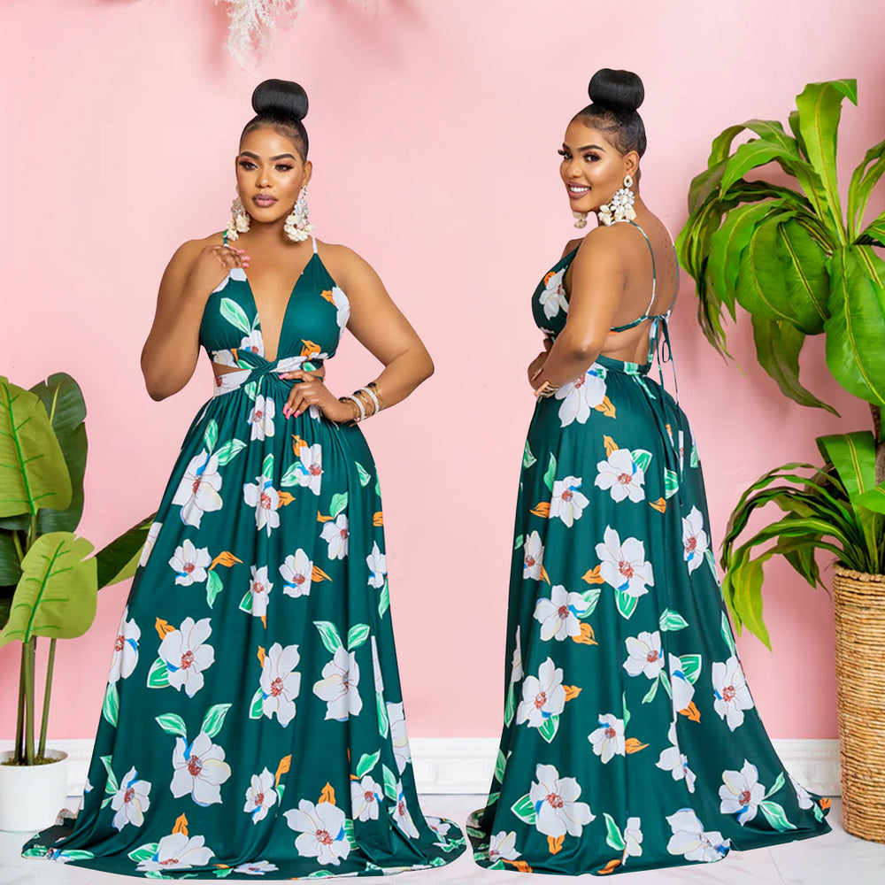 C6302 cross-border   fashion women's floral print sleeveless cami maxi dress