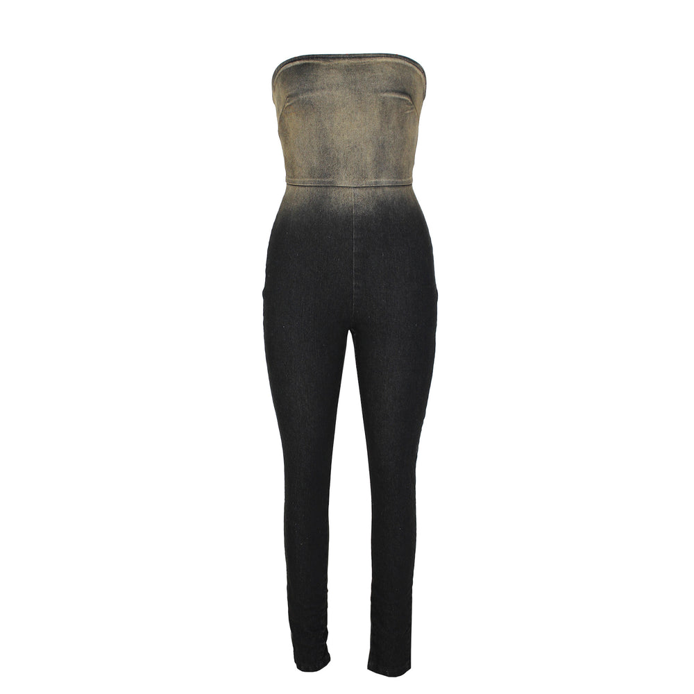 e-commerce: european and american style sexy, instagram-worthy, strapless, gradient, form-fitting, stretch denim jumpsuit