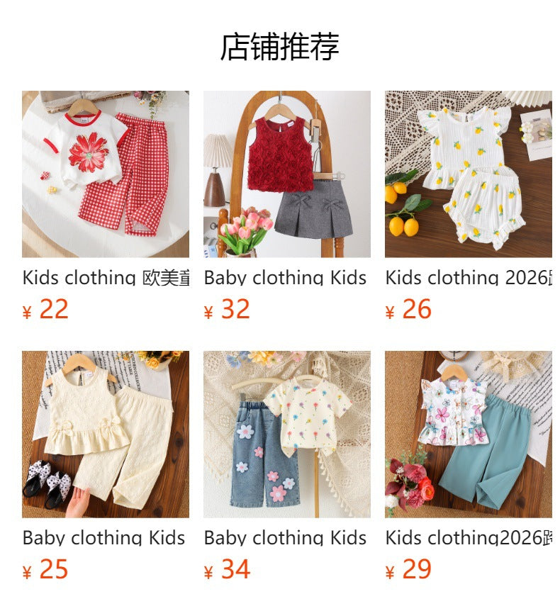 Kids clothing  cross-border new arrivalfashion spring & fallgirlwhite short-sleeved t-shirt + blue pants