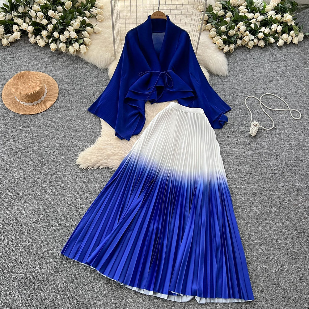 Miya pleated butterfly sleeve gradient tie back shawl short outweartops+gradient pleated skirt two-piece set
