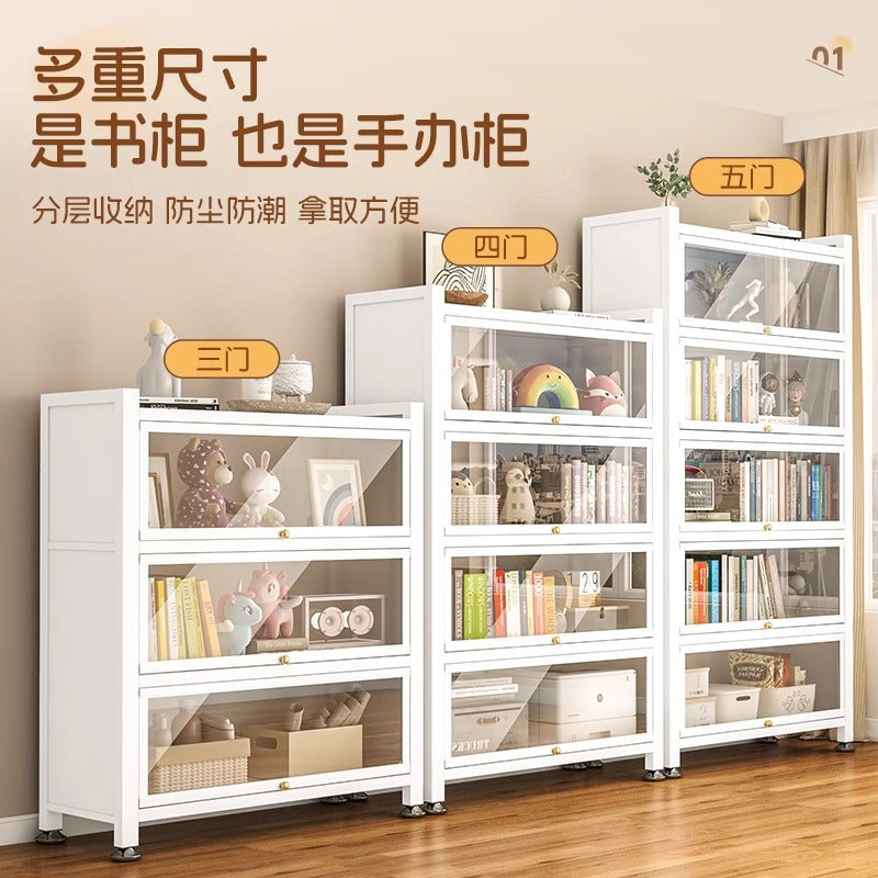 For home steel bookshelf all-in-one wall-mounted transparent glass bookcase dustproof with door figure cabinet iron storage display cabinet