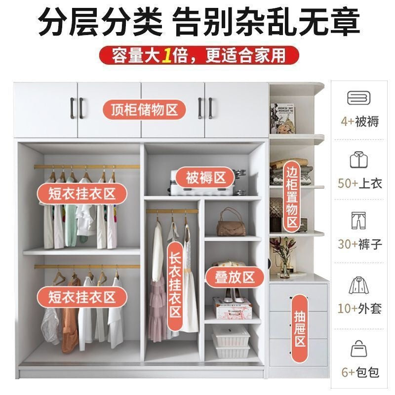 Solid wood wardrobe for home bedroom storage, sliding door, suitable for rental properties, small apartments, and kids' rooms - large capacity