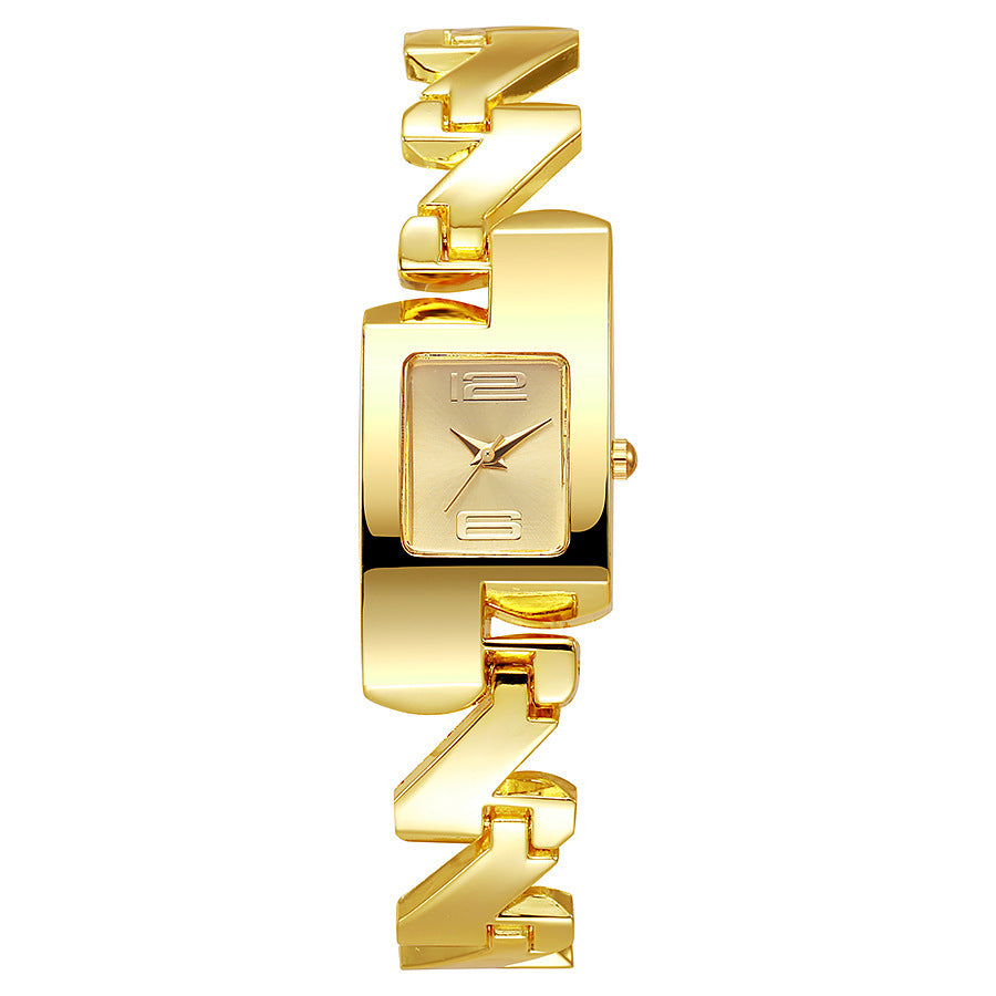 Women's 1pcs/set fashion vintage classic gold alloy yellow square watch with diamond-accented hollow bracelet watch