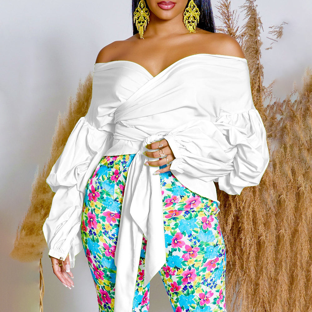 D486 new arrival: summer fashion solid color off-shoulder criss-cross tie-up puff sleeve sexy v-neck blouse - african style top
