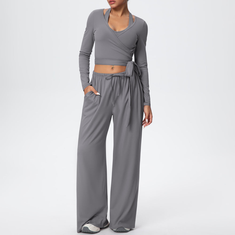 New arrival: solid color double-sided brushed fleece drawstring long-sleeve tank top three-piece set - perfect for sports, running, fitness, and yoga