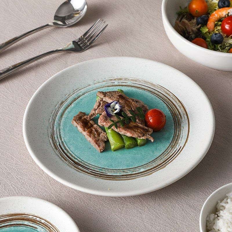 Personalized retro ink style ceramic tableware bowls, plates, dishes, restaurant for home threaded dessert plate, good-looking western dinner plate