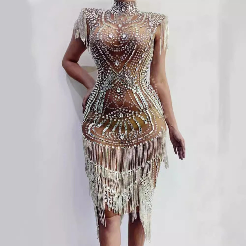 supply elastic mesh hot diamond rhinestone tassel sexy silmcustom performance costume evening dress