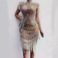 supply elastic mesh hot diamond rhinestone tassel sexy silmcustom performance costume evening dress