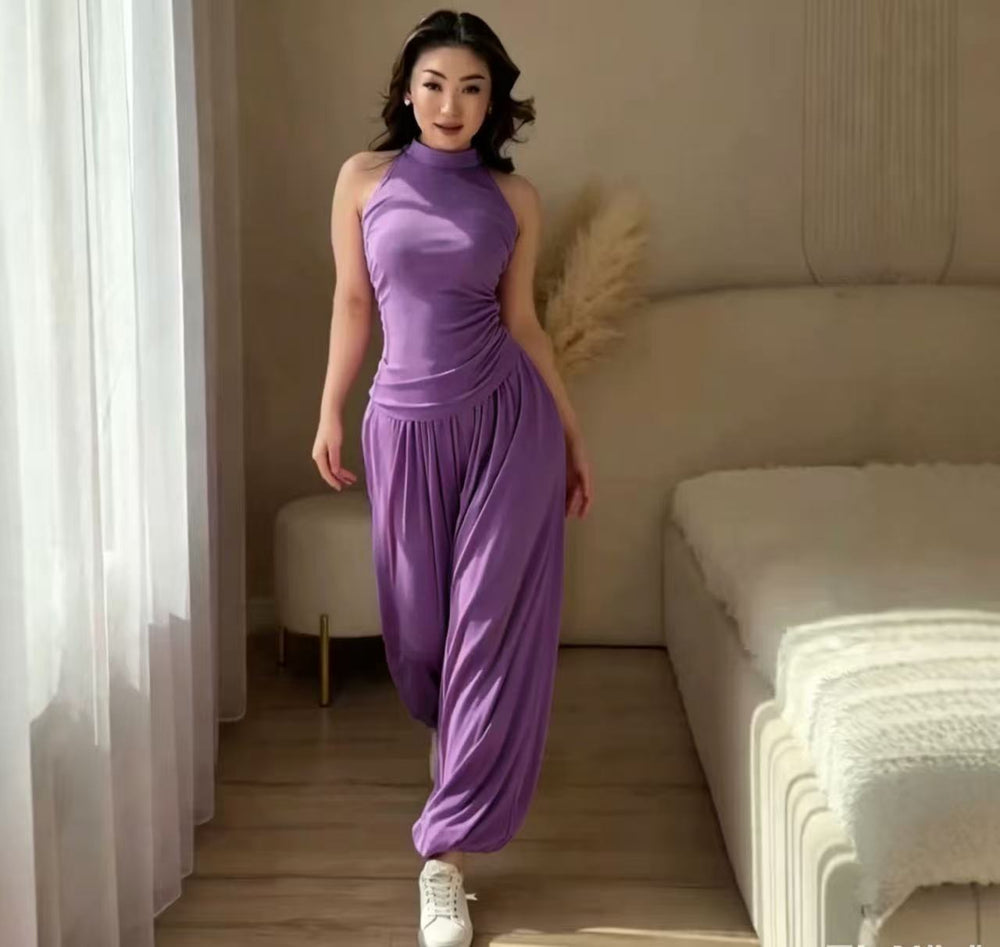 Amazon cross-border  women's autumn new arrival: stand collar sleeveless cropped top and lantern pants two-piece set
