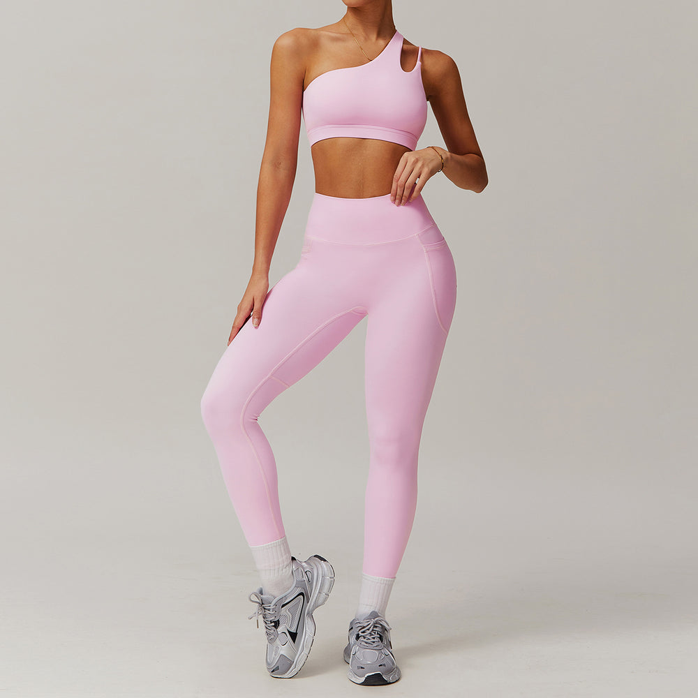 breathable quick-drying tight-fitting yoga clothes flap pocket pants running sports suit diagonal shoulder naked fitness suit6425