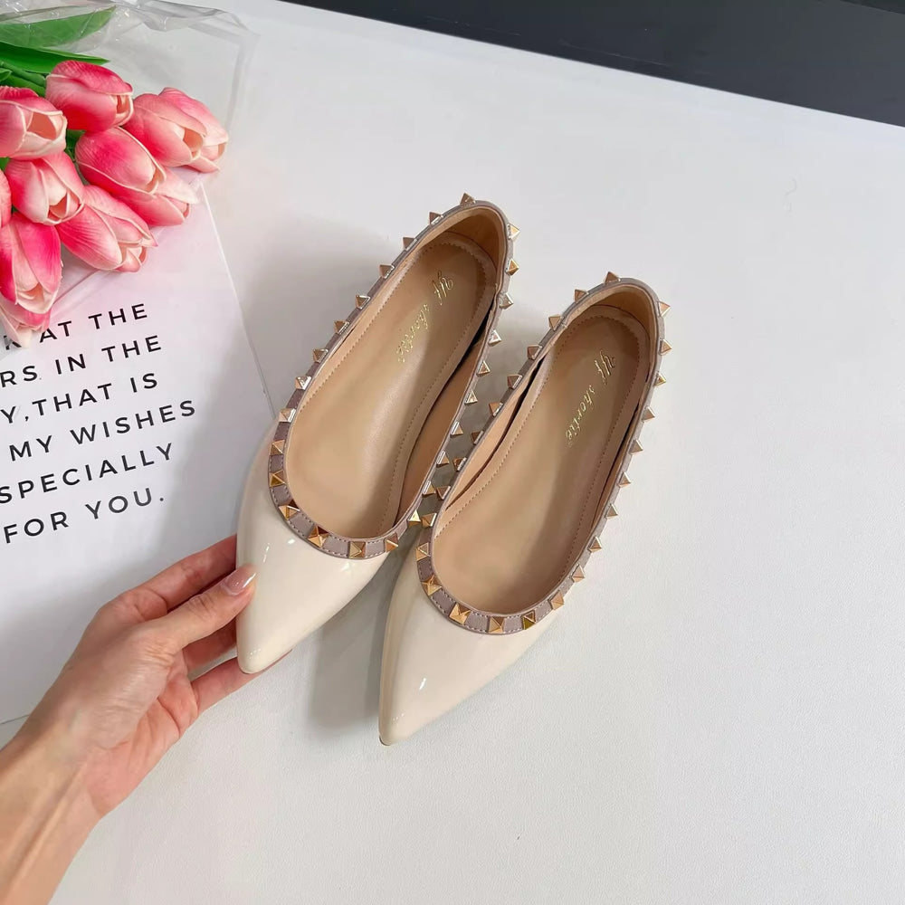 Women's single shoes: new spring/autumn 2025 pointed-toe studded hidden heel french patent leather fashionable versatile low-cut high heels