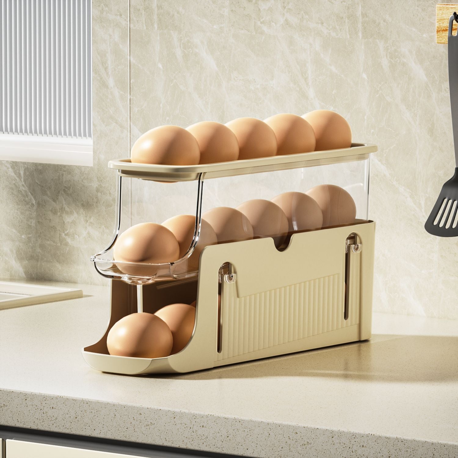 Anti-drop egg storage box on countertop Fixed slide type Automatic roll-down egg box Double egg tray for side door of refrigerator