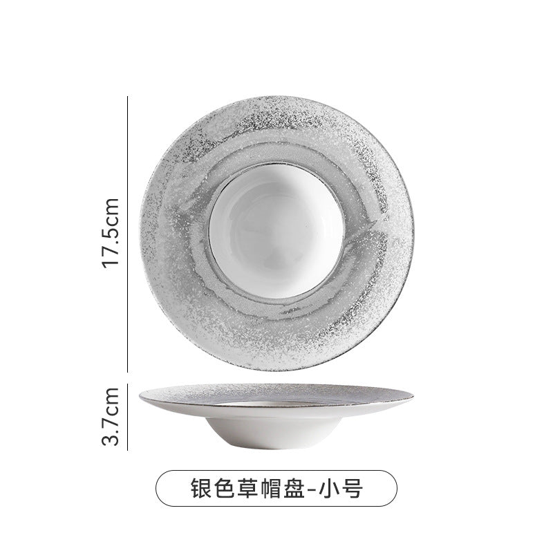 Nordic gradient sprayed high-value light luxury ceramic western food pasta plate, straw hat plate, restaurant hotel business straw hat plate