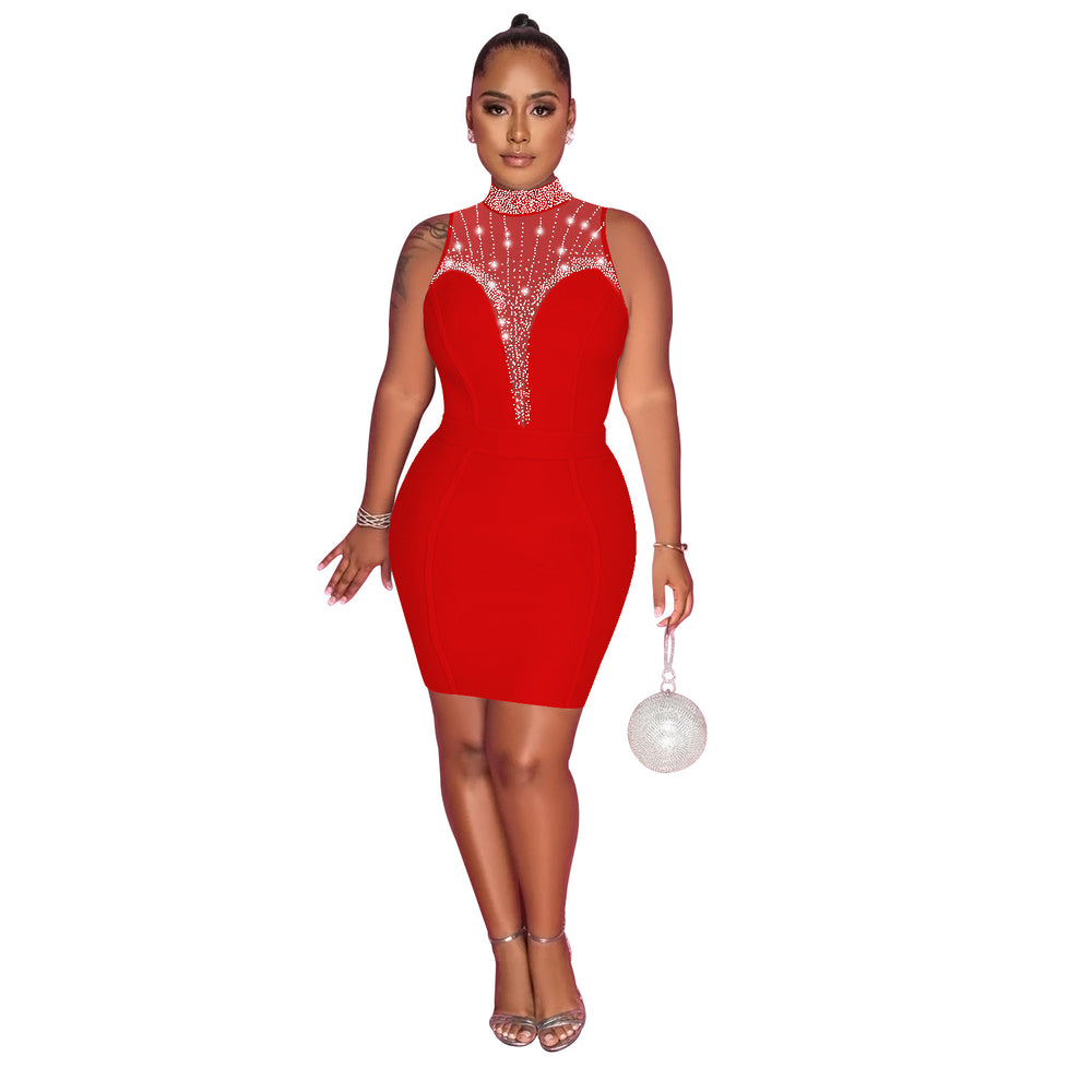 C6163 cross-border   fashion women's solid color hotfix rhinestone mesh see-through sleeveless dress