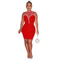 C6163 cross-border   fashion women's solid color hotfix rhinestone mesh see-through sleeveless dress