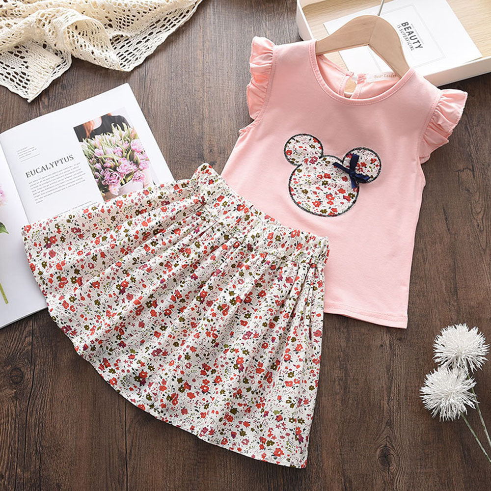Girls'  summer new arrival cross-border set: cartoon lightweight flutter sleeve top & floral print midi skirt - toddler two-piece outfit