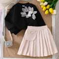 Children's clothing cross-border girl suit flower black long sleeves tops pleated skirt