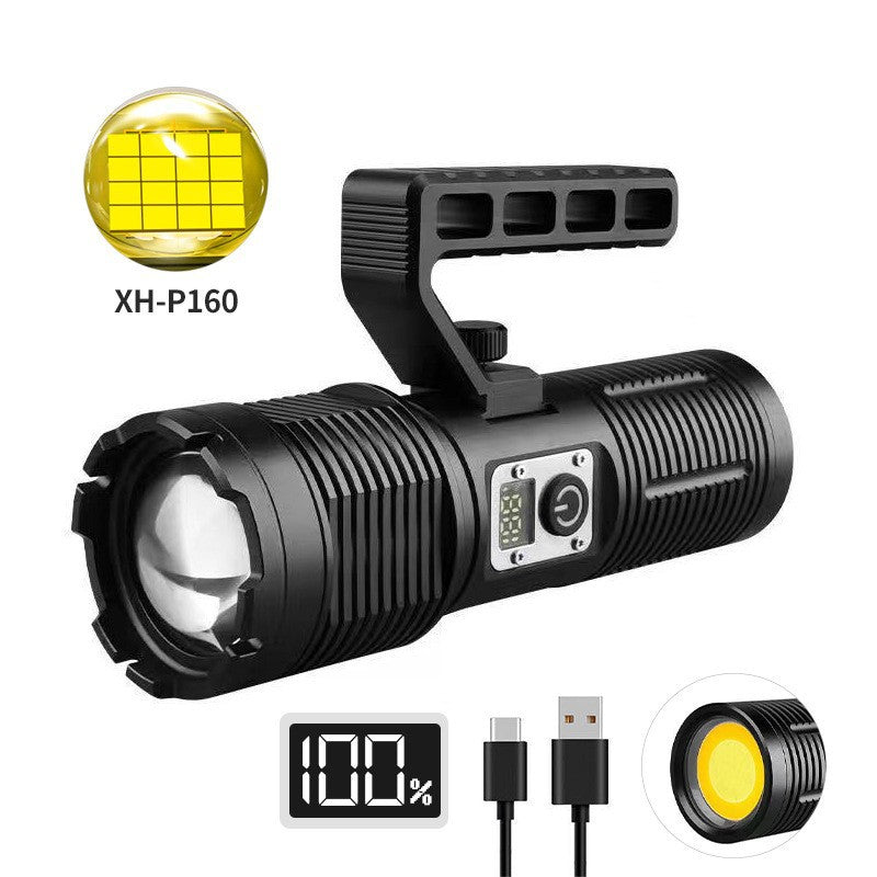 Cross-border new telescopic zoom XHP160 portable searchlight, outdoor patrol LED digital display strong light flashlight