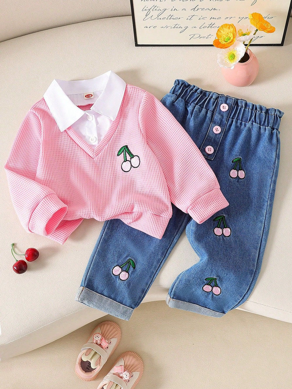 new spring cross-border textured lapel patchwork top + heavily embroidered cherry denim pants set